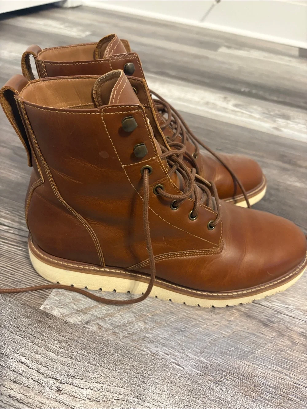 Cole Haan Men's Tan Leather Lace-Up Work Boots with Cream Sole